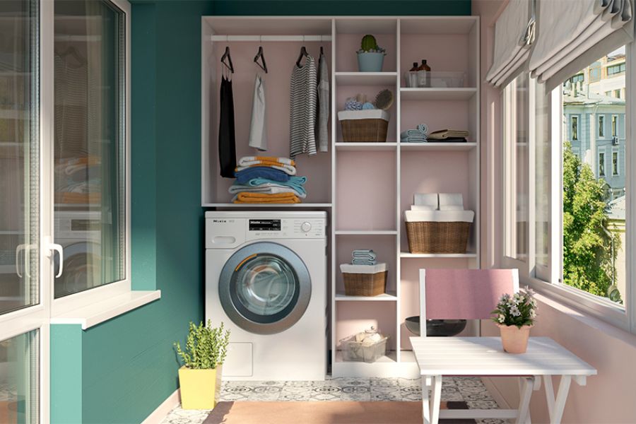 Thiết kế tủ để máy giặt phong cách mở cùng nhiều ngăn chứa đồ.