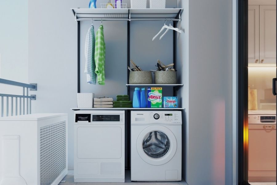 Tủ máy giặt bằng inox, chống mài mòn và bền bỉ theo thời gian.