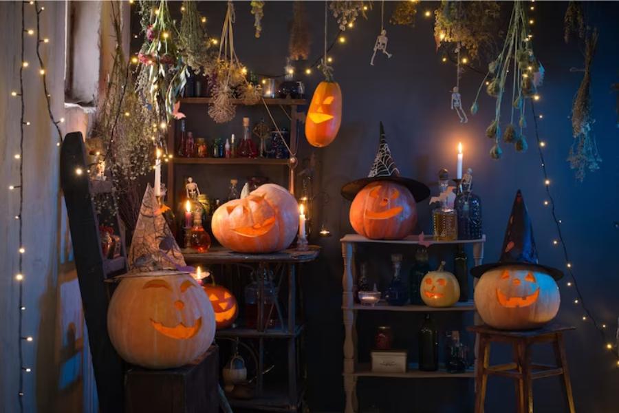 Trang trí thêm đèn sẽ giúp không gian Halloween trông thật ấn tượng.