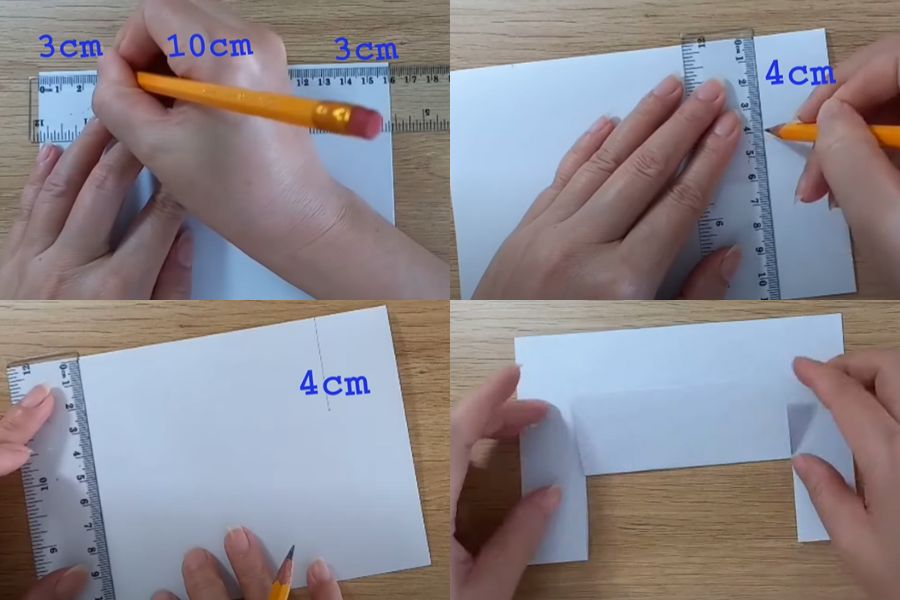Kẻ giấy dọc theo mẫu rồi dùng kéo cắt và gấp lên như hình.