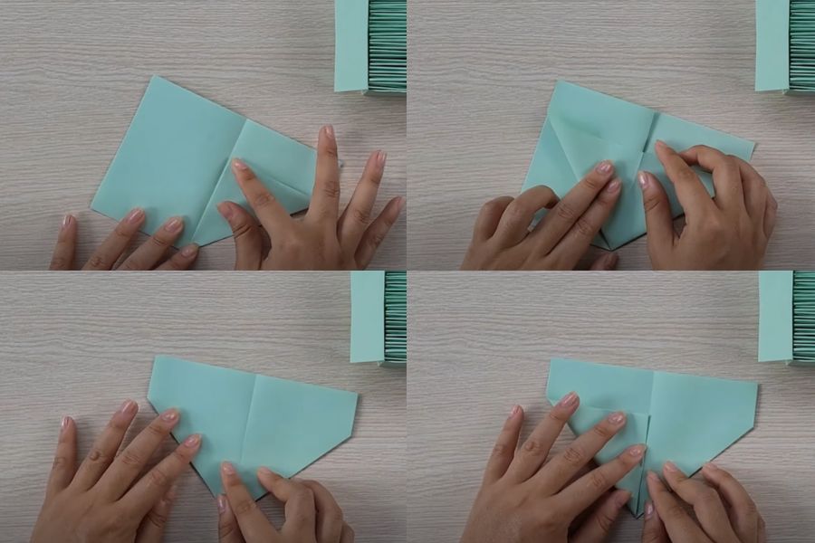 Giữ chặt tâm giữa tờ giấy, bẻ phần mép giấy phải xuống để tạo hình tam giác.