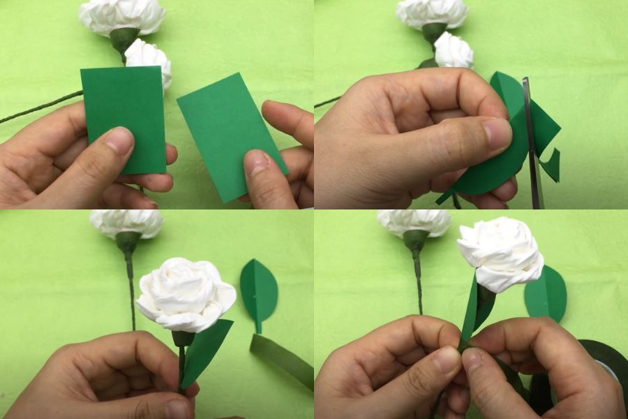 Tạo hình lá cây từ giấy nhún màu xanh lá.