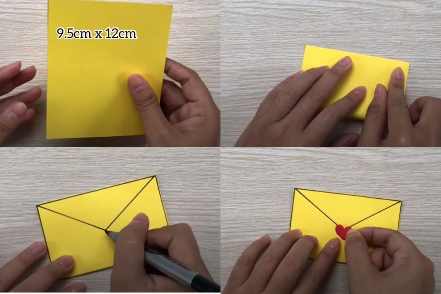 Cắt 1 tờ giấy A4 thành mảnh giấy nhỏ có kích thước 9.5cm x 12cm.