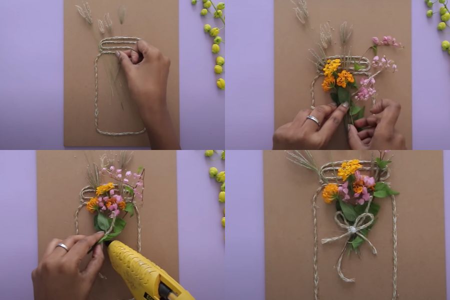 Sử dụng các bông hoa nhỏ để gắn lên đầu bình hoa.