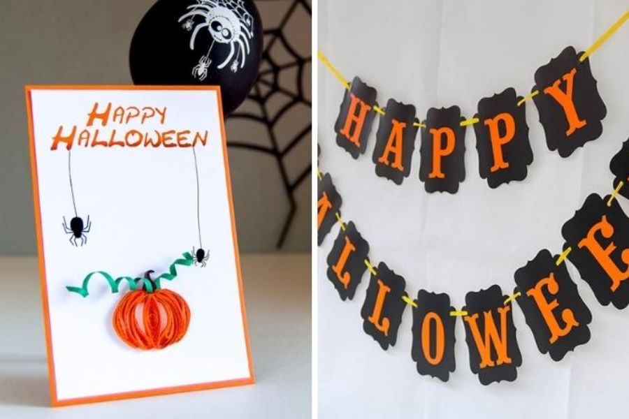 Bảng và dây trang trí Halloween được làm từ giấy A4 đơn giản, giúp không gian thêm ấn tượng.