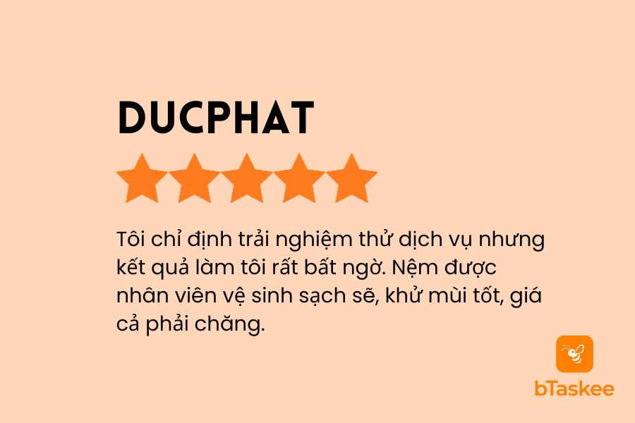 Đánh giá của khách hàng DUCPHAT về dịch vụ giặt nệm tại nhà Bảo Lộc.