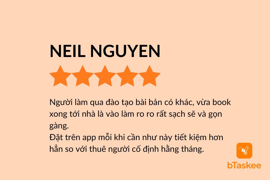 Đánh giá của khách hàng Neil Nguyễn về dịch vụ giúp việc nhà theo giờ tại Hải Phòng.
