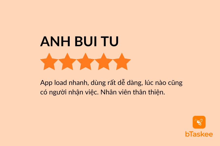 Đánh giá của khách hàng Anh Bùi về dịch vụ giúp việc nhà theo giờ tại Hà Nội.