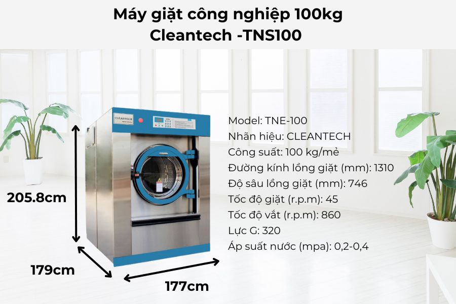 Máy giặt công nghiệp 100kg Cleantech -TNS100 có kích thước khủng.