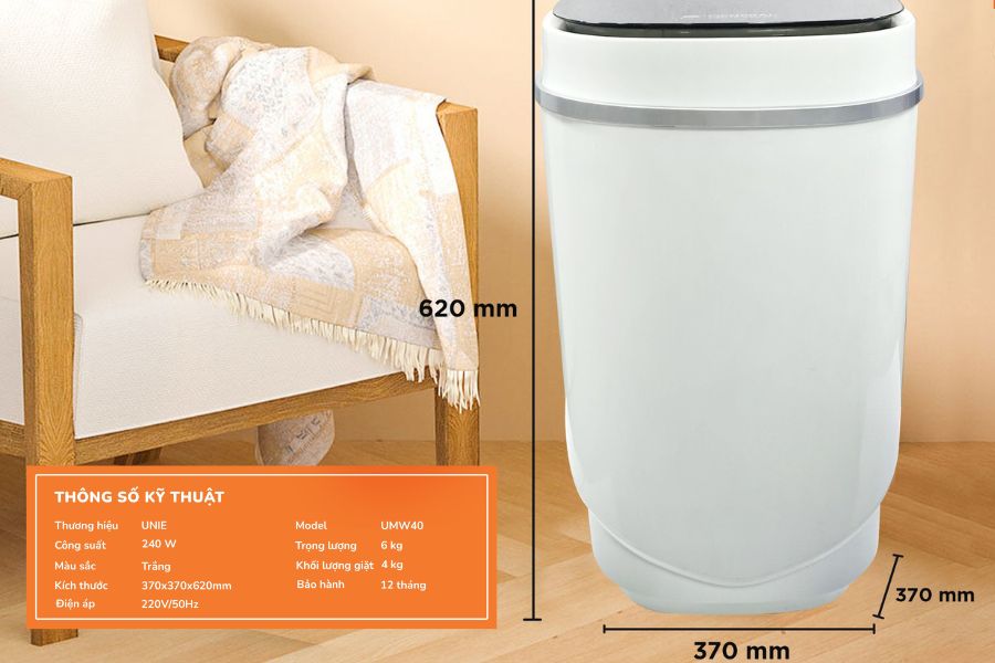 Máy giặt mini UNIE UMW40 6kg có thiết kế nhỏ gọn, sang trọng.