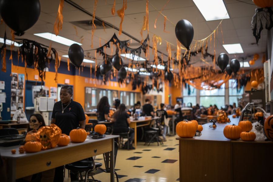 Lớp học được trang trí theo phong cách Halloween sáng tạo.