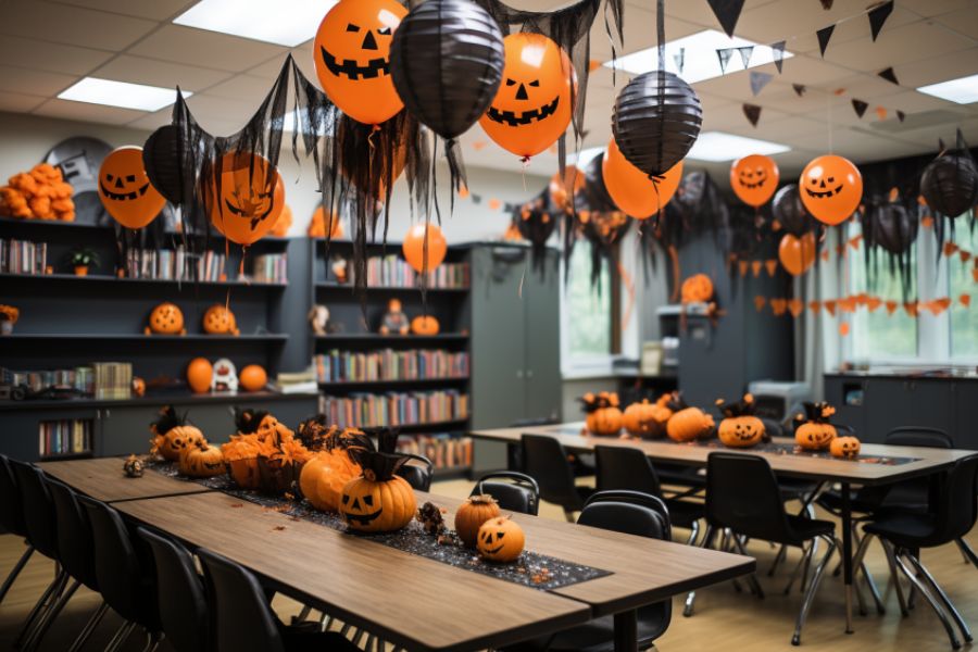 Trang trí Halloween cho lớp học với những quả bóng bay và bí ngô hình mặt ma quái.