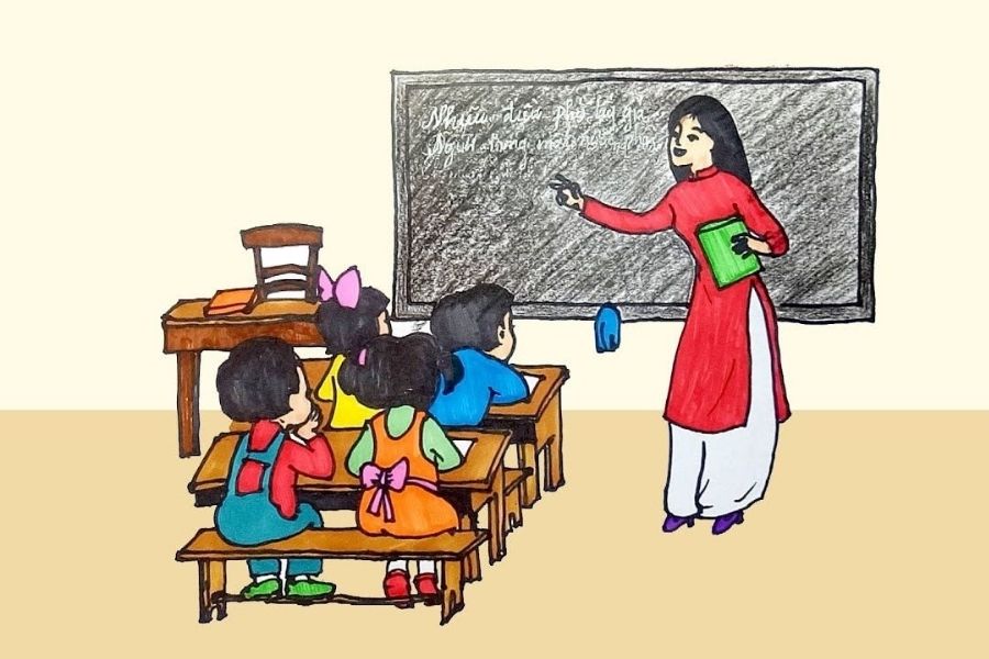 Tranh vẽ cô giáo giảng bài cho các học trò nhỏ.