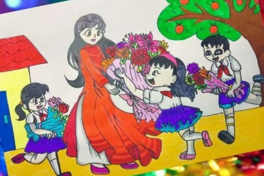 Tranh vẽ các bé gái xúm lại trao tặng cô những bó hoa tươi thắm và đẹp đẽ.