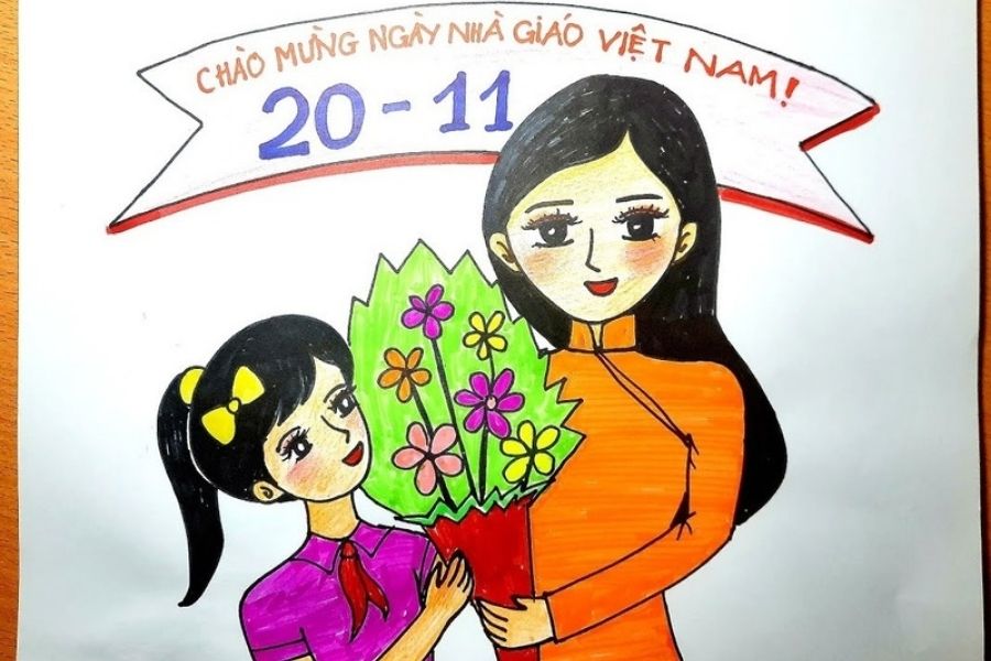 Tranh vẽ bé gái tặng cô bó hoa tươi ngày 20/11.