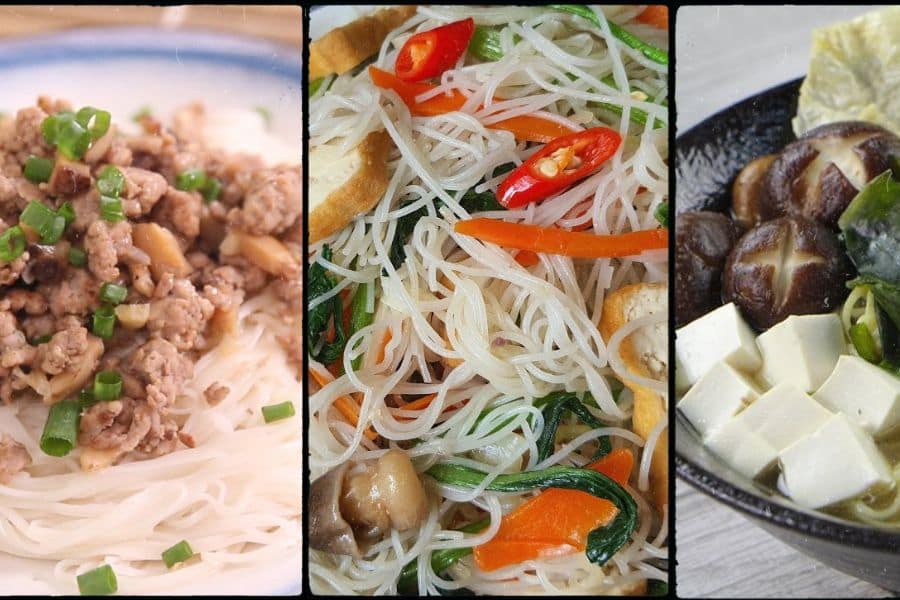Mì gạo kết hợp các món ăn như: Thịt băm, nấm đông cô chay hay xào đỗ để tạo sự mới mẻ và ít calo.