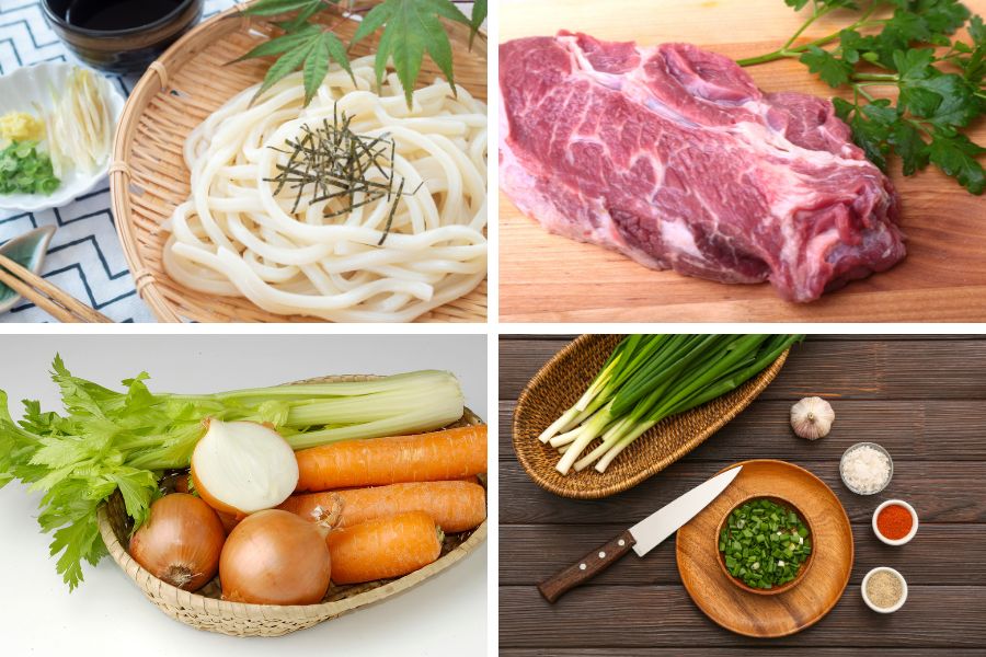 Mì Udon nấu đơn giản với các nguyên liệu bao gồm: Thịt bò, hành tây, cà rốt và một số gia vị,....