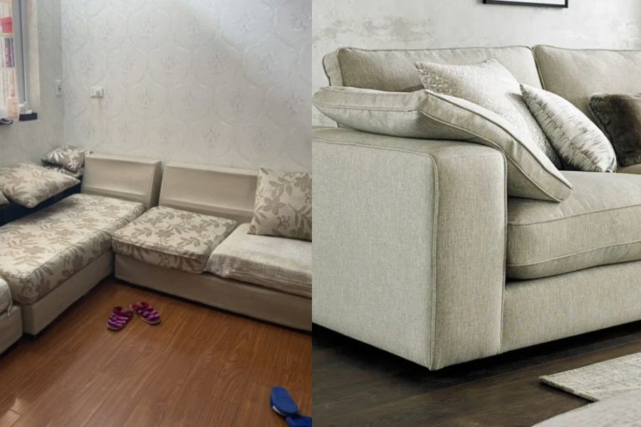 Sự khác biệt trước và sau khi vệ sinh ghế sofa vỏ bọc liền.