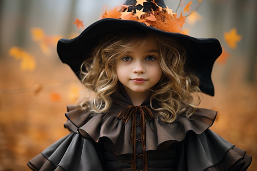 Bé gái rất dễ thương trong bộ trang phục Phù thủy Halloween.