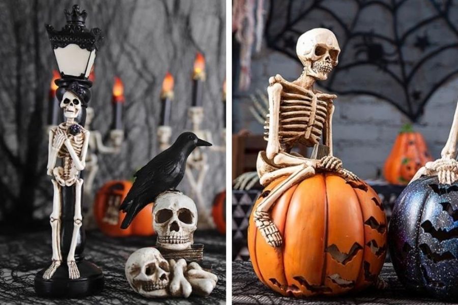 Trang trí bàn tiệc Halloween bằng hình bộ xương.