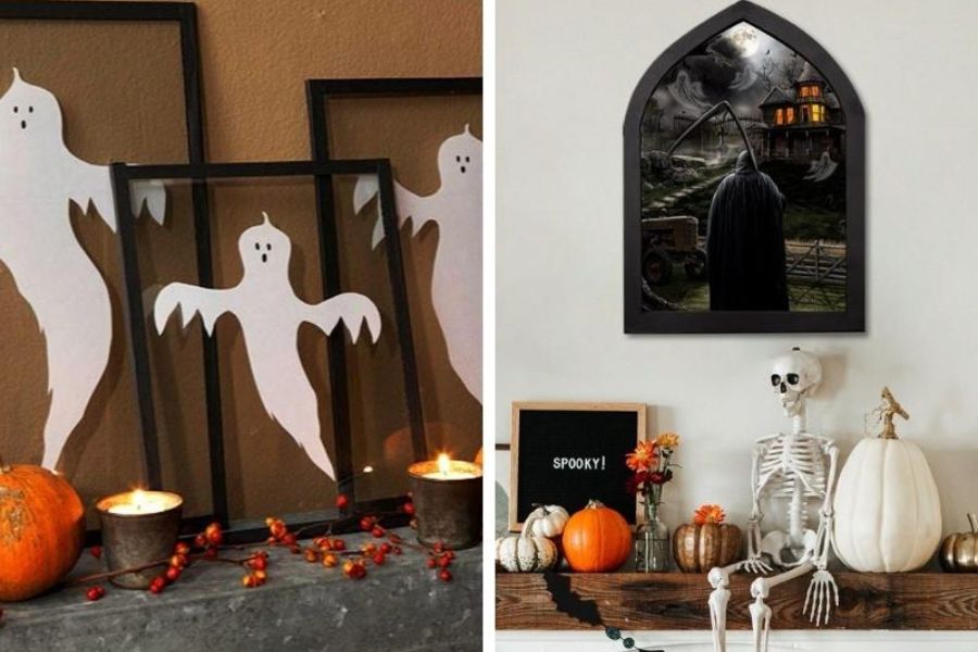 Trang trí bàn tiệc Halloween bằng khung ảnh.
