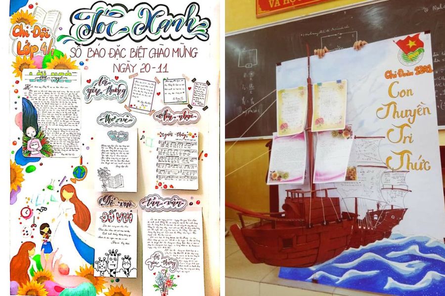 Mẫu trang trí báo tường 20 11 đa màu sắc (trái) cùng tác phẩm chiếc thuyền 3D đầy sáng tạo (phải).