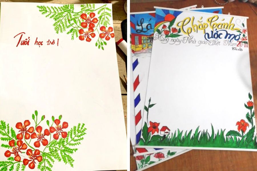 Mẫu trang trí báo tường trên giấy a4 20 11 vẽ tay hình ảnh hoa phượng đỏ (trái) và không gian trường học gần gũi (phải).