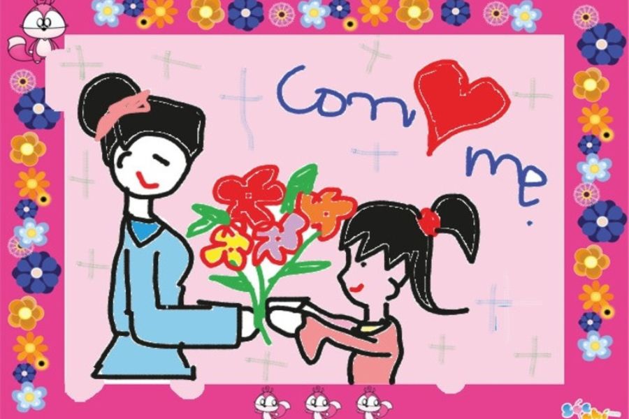 Mẫu tranh vẽ ‘bó hoa tặng mẹ’ đơn giản và dễ thương.