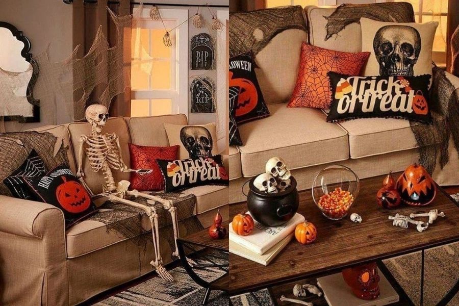 Gợi ý trang trí Halloween quán cafe độc lạ với bộ xương và bí ngô.
