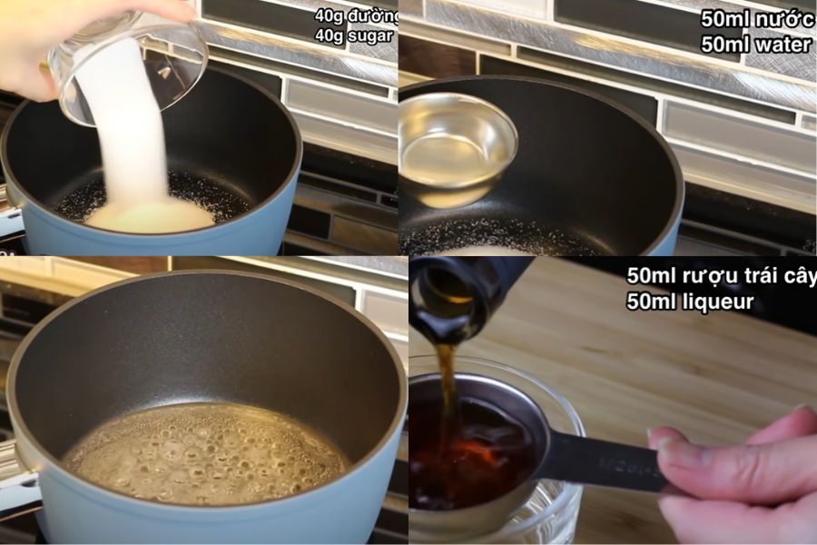 Nấu nước đường để làm hỗn hợp tẩm bánh.