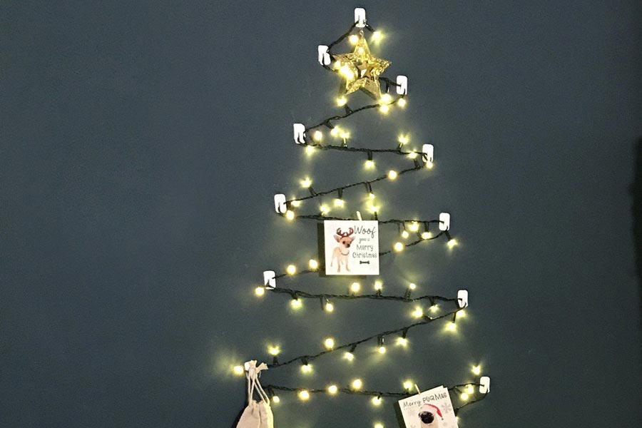 Đây là cây thông Noel bằng đèn LED khá đơn giản, gắn thêm vài tấm thiệp là đủ xinh rồi.