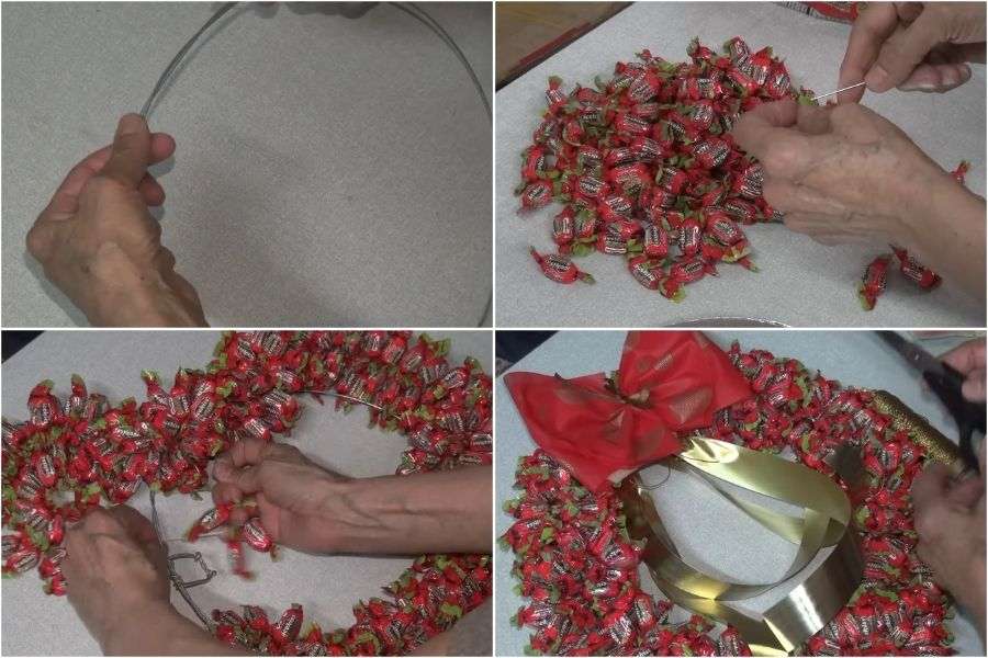 Các bước thực hiện cách làm vòng nguyệt quế Giáng Sinh bằng kẹo.
