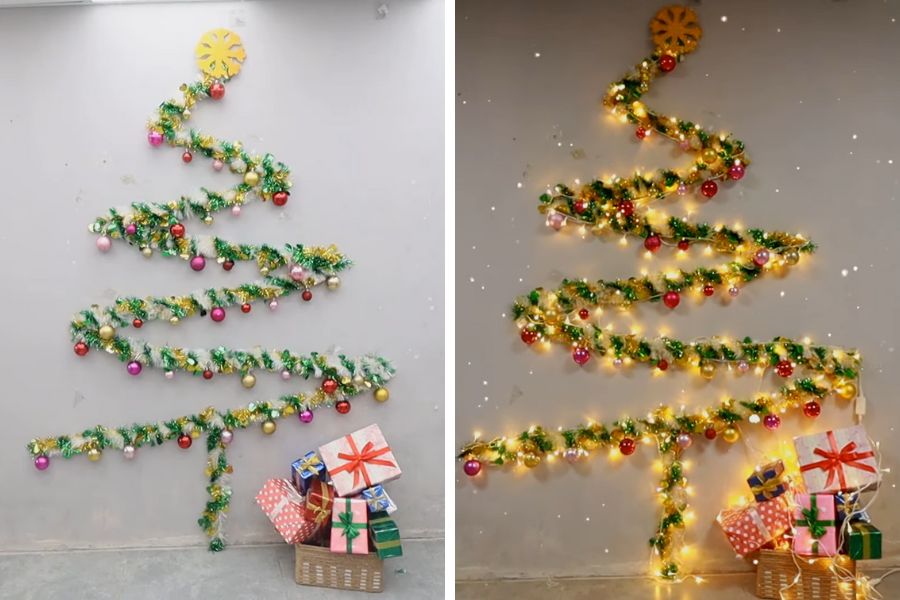 Gợi ý mẫu cây Noel làm từ dây kim tuyến trang trí tường đẹp mắt.