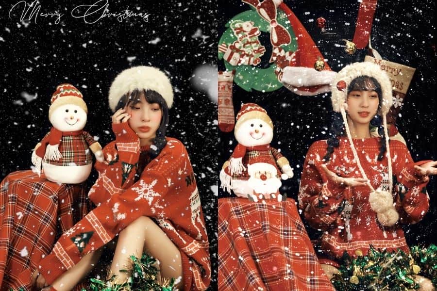 Concept chụp ảnh Noel theo phong cách đáng yêu cho bạn nữ cùng với người tuyết tại studio.
