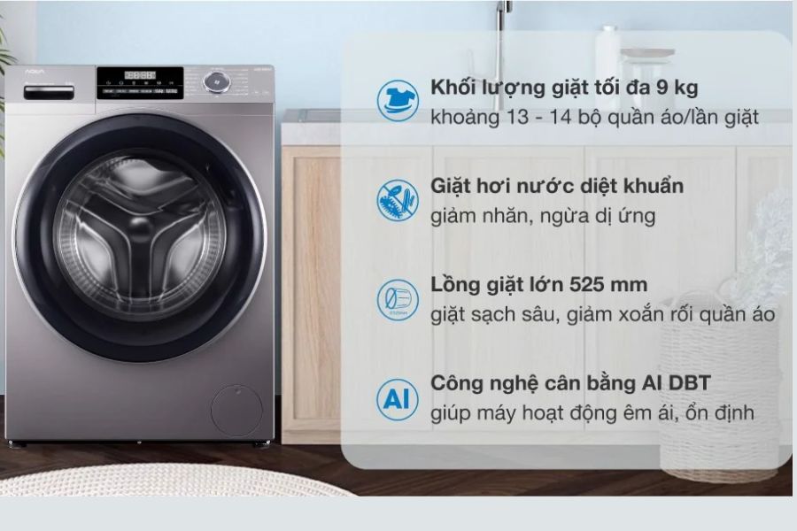 Máy giặt Aqua Inverter 10 kg AQD-A1002G S thiết kế lồng giặt lớn tạo điều kiện đánh bay vết bẩn trên quần áo dễ dàng hơn.