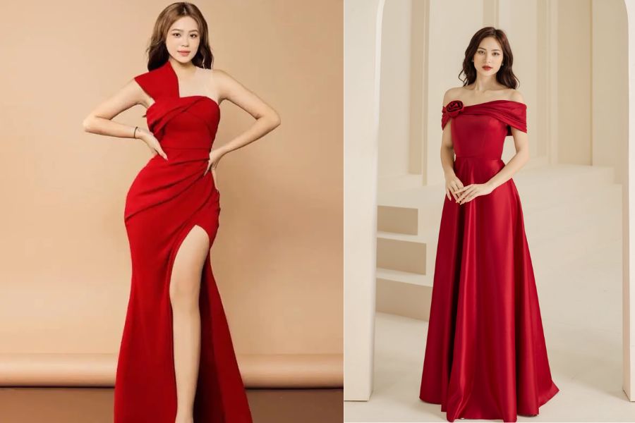 Váy dạ hội màu đỏ xẻ tà hoặc giấu tà đều xinh đẹp nổi bật.