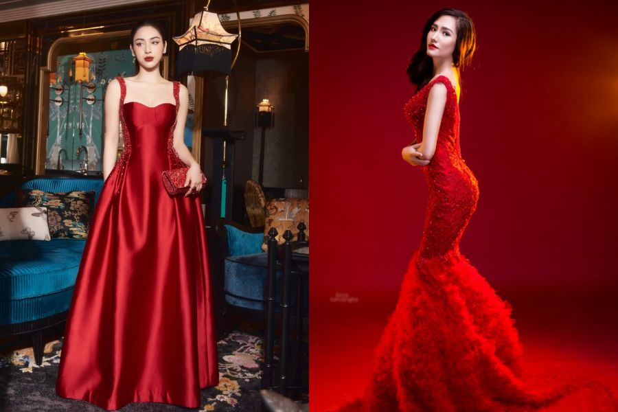 Váy dạ hội gam màu đỏ thân váy ôm body đuôi cá hoặc thân xòe.