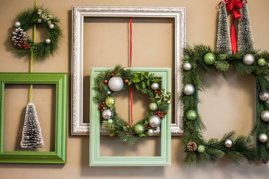 Khung hình trang trí Noel cho văn phòng được làm từ lá thông với tông xanh tươi mát.