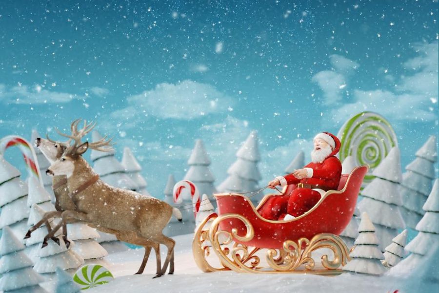 Hình ảnh ông già Noel cùng đàn tuần lộc “gấp rút” trên đường phát quà trong tuyết.