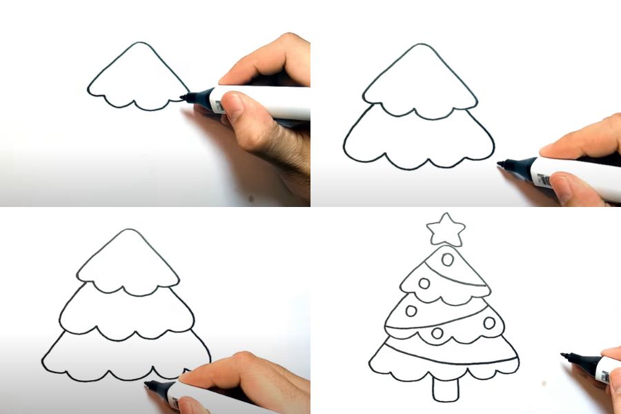 Vẽ cây thông Noel 3 tầng đơn giản.