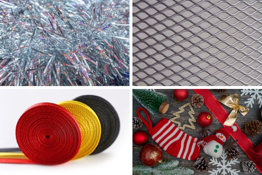 Dụng cụ và nguyên liệu làm cây Giáng Sinh bằng dây kim tuyến và dây ruy băng và lưới kẽm.