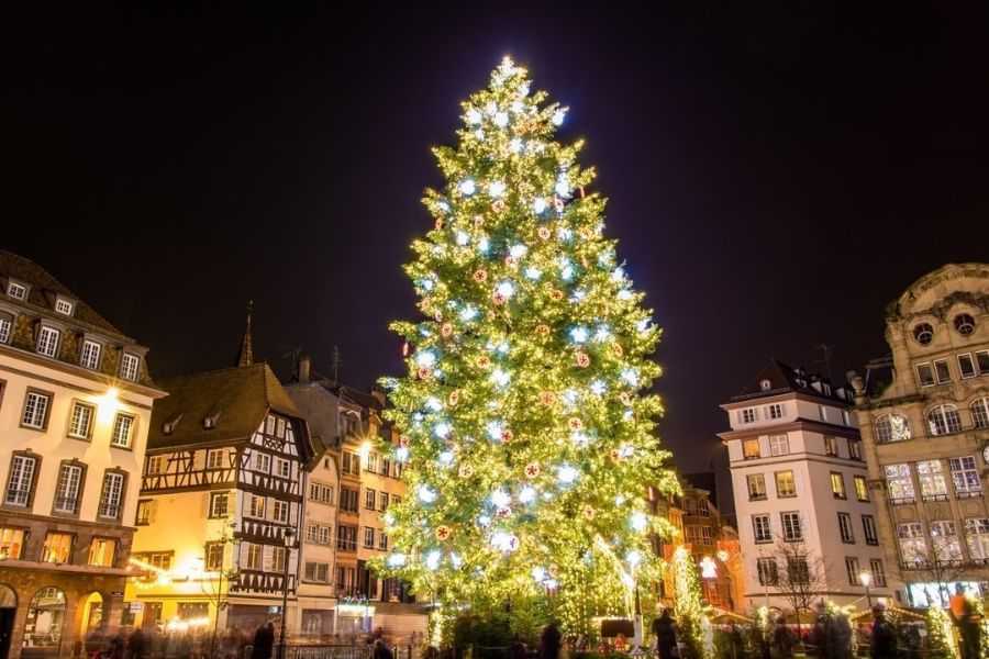 Cây thông tại khu chợ Giáng sinh đầu tiên ở Strasbourg vào năm 1570.