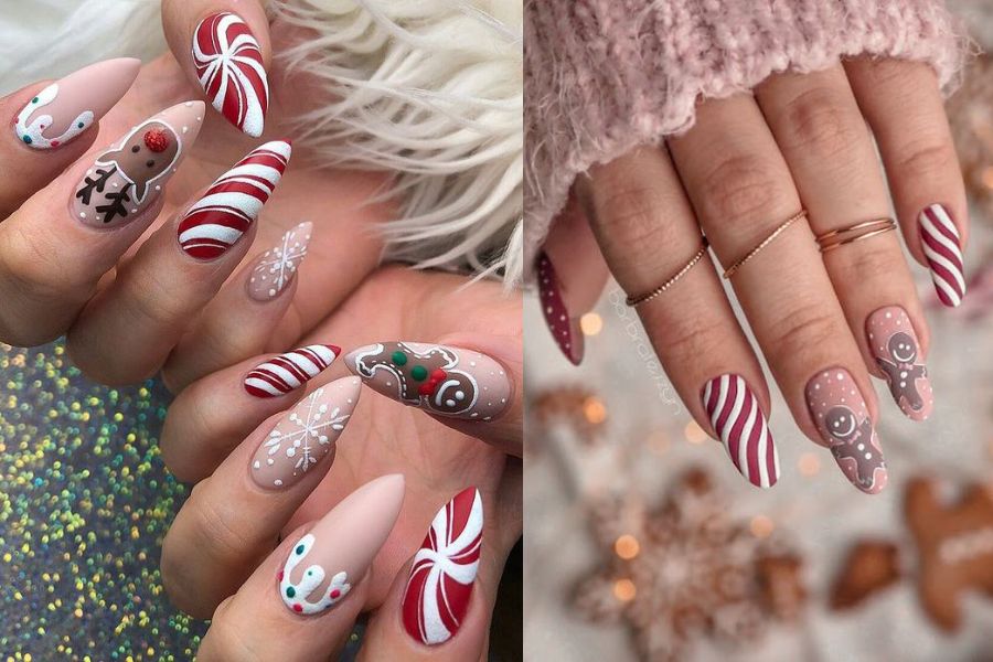 Mẫu nail Noel dễ thương với họa tiết tuyết, tuần lộc và kẹo gậy.