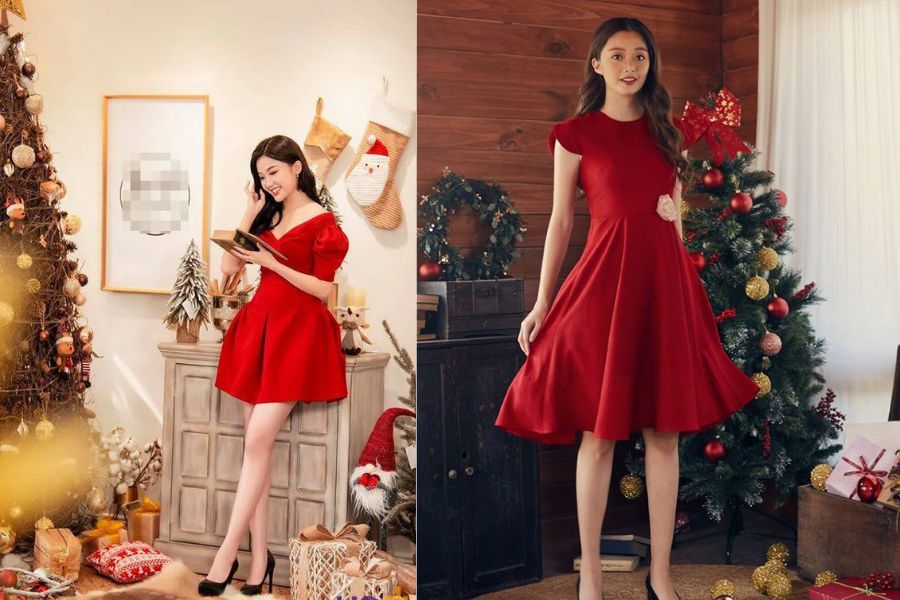 Chiếc váy dáng xòe gam màu đỏ nổi bật trong không khí Giáng Sinh.