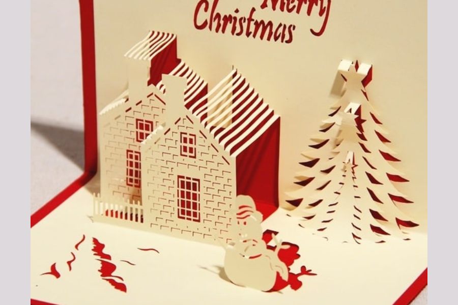 Mẫu thiệp Giáng Sinh cây thông, người tuyết và ngôi nhà 3D bằng giấy.