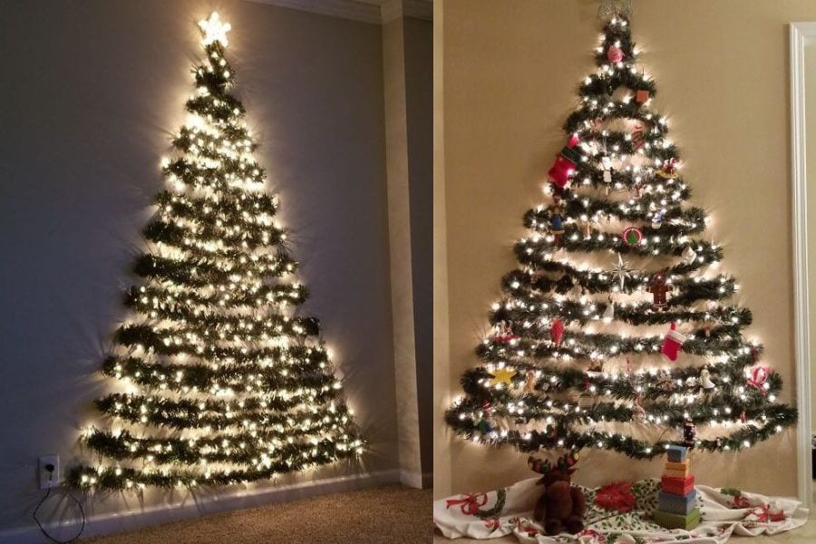 Mẫu trang trí cây thông Noel với dây kim tuyến và đèn led lấp lánh vào buổi tối.