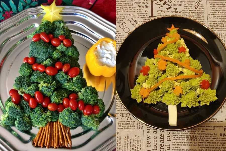 Cây thông Noel siêu to trên bàn ăn được làm từ các loại rau củ.