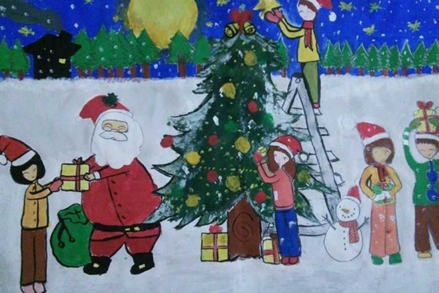 Bức tranh vẽ Giáng Sinh được thực hiện bởi các bé tiểu học.