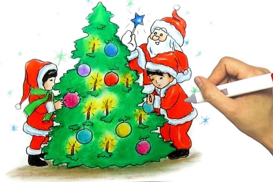 Cây thông và Ông già Noel là những vật thể chủ đạo khi vẽ tranh Giáng Sinh.