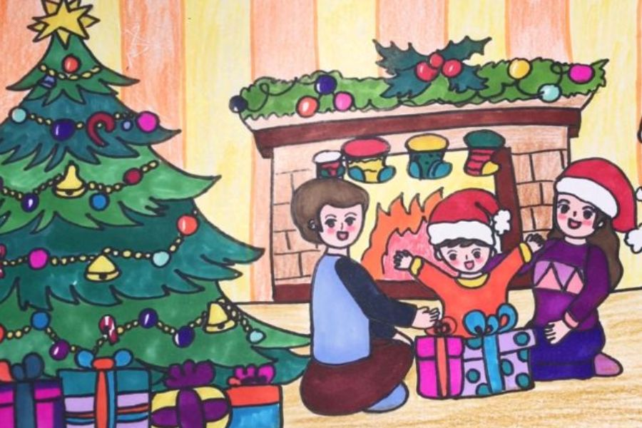 Bức tranh Noel về chủ đề không khí Giáng Sinh ở gia đình.